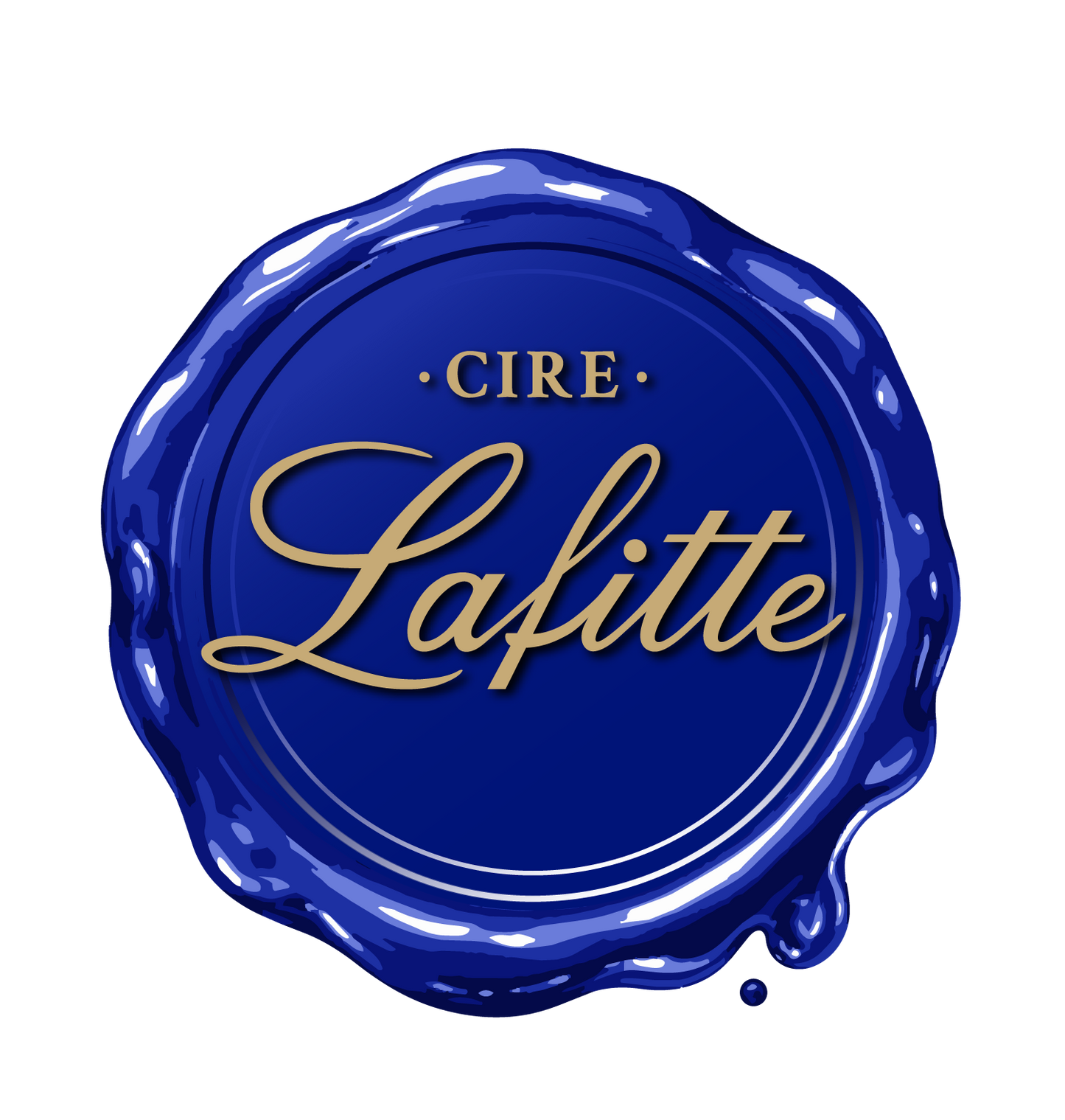 le logo de Cire Lafitte :  un cachet de cire bleu roi avec ecrit à l'intereur en doré sombre .Cire. Lafitte
