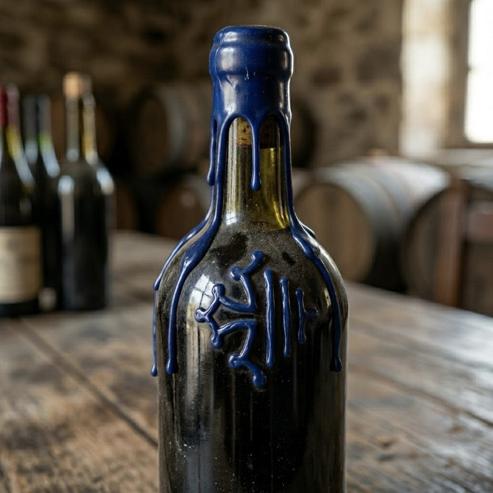 Une bouteilles dans un atelier ancien, sur cette bouteille est dessiné en cire souple bleu la croix occitane. 