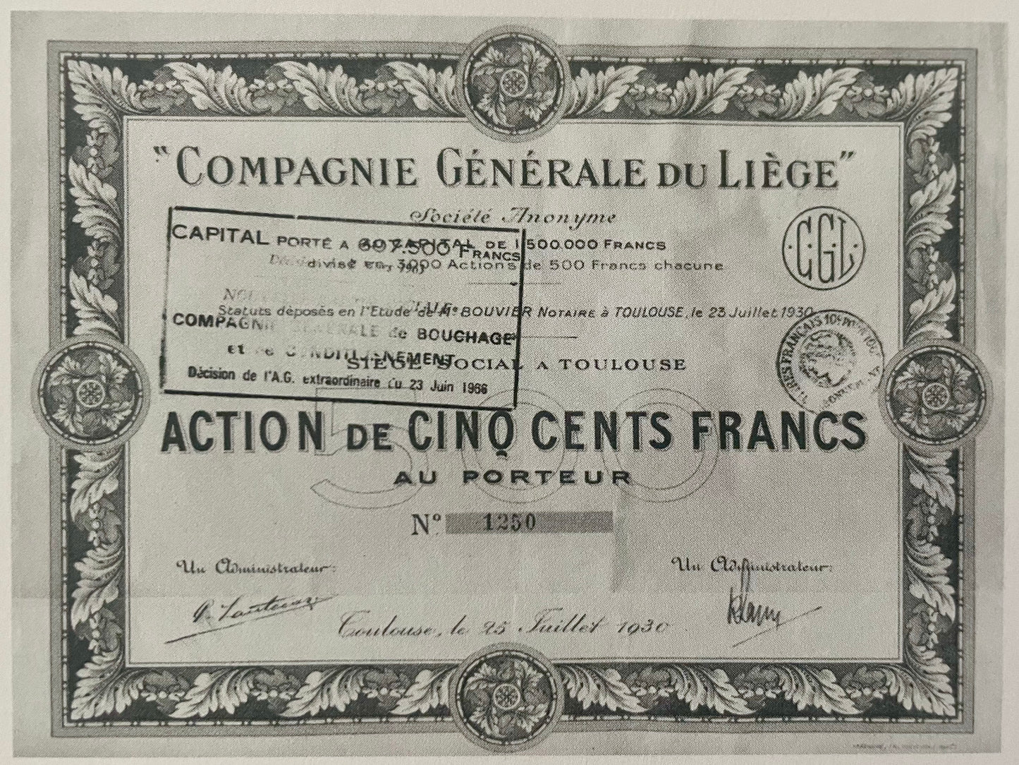 photo d'époque de 1966 de l'action de 500 francs de la societe anonyme Lafitte Liege