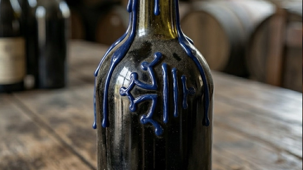 zoom sur une bouteilles dans un atelier ancien, sur cette bouteille est dessiné en cire souple bleu la croix occitane. 