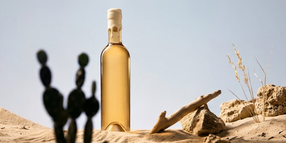 une bouteille composé de liquide rosé, cire de blanc dasn un plan desertique. Entourée de sable, avec bois floté et pierre minéral. 