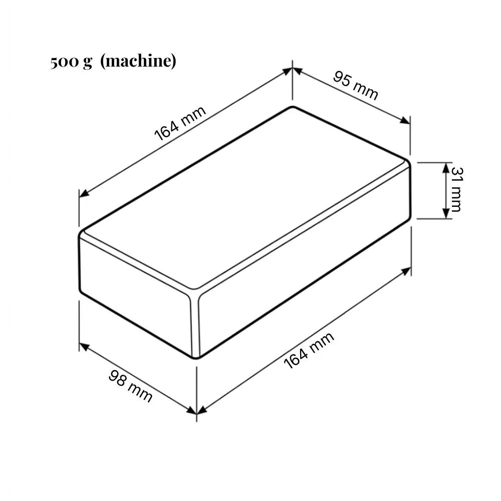 Dessin d'une pain de cire pour machine en noir et blanc avec les dimensions