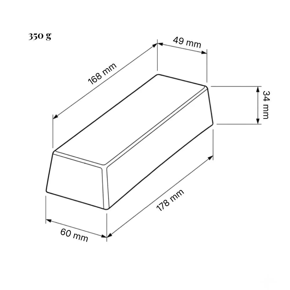 Dessin d'un pain de cire en noir et blanc avec les dimensions du 350g