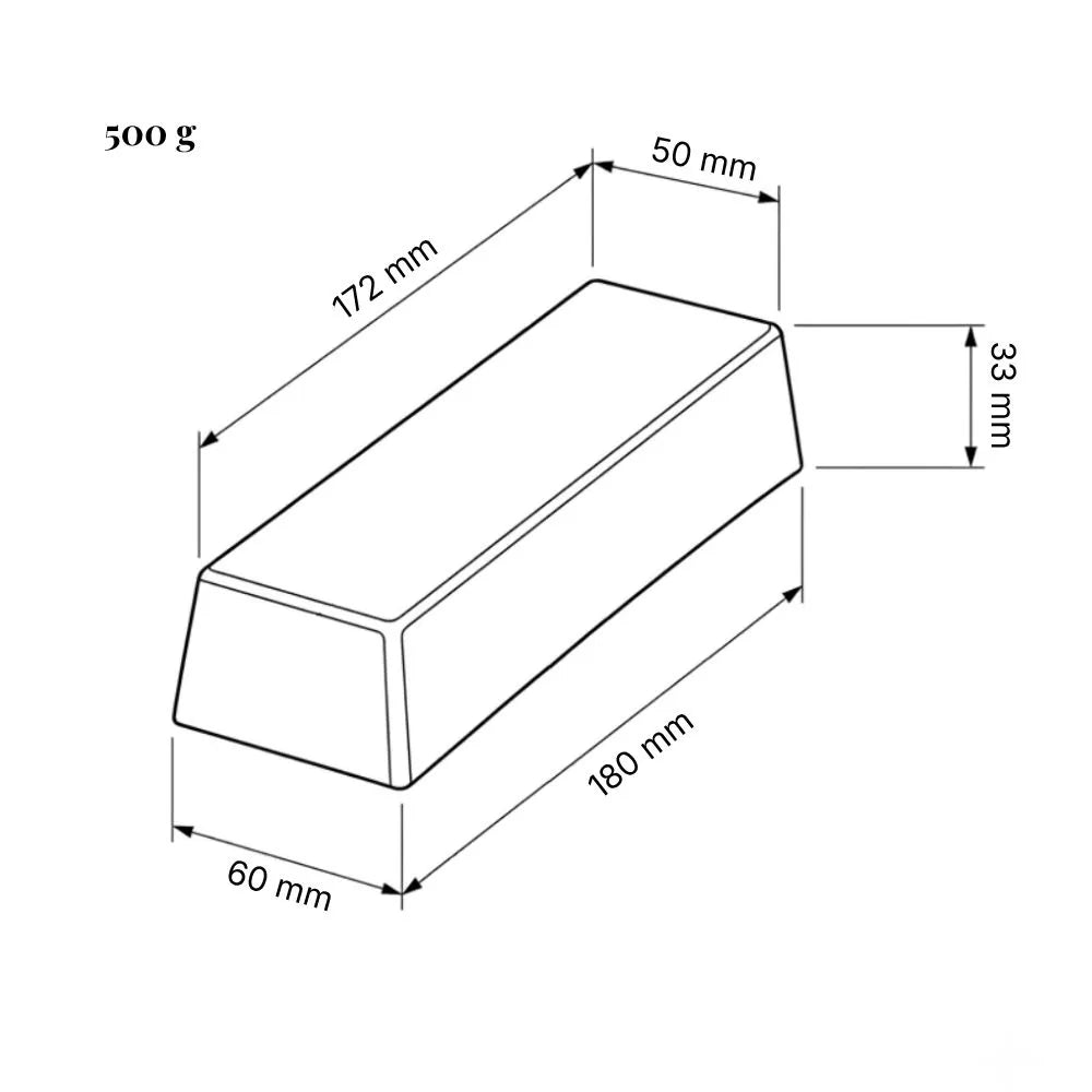Dessin d'un pain de cire en noir et blanc avec les dimensions du 500g